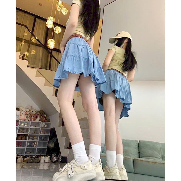 [Q075] Chân váy nữ xòe chữ A JEANS LỤA 3 NGĂN có lót trong dáng ngắn xinh xắn và cá tính - L2M