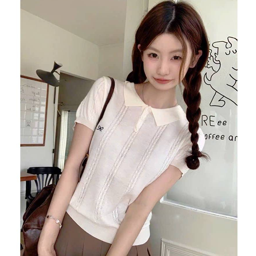 [A333] Áo len nữ Montoghi dệt kim kiểu THỪNG DỌC THÊU NƠ Quảng Châu màu trơn dáng thanh lịch - L2M (Sale)