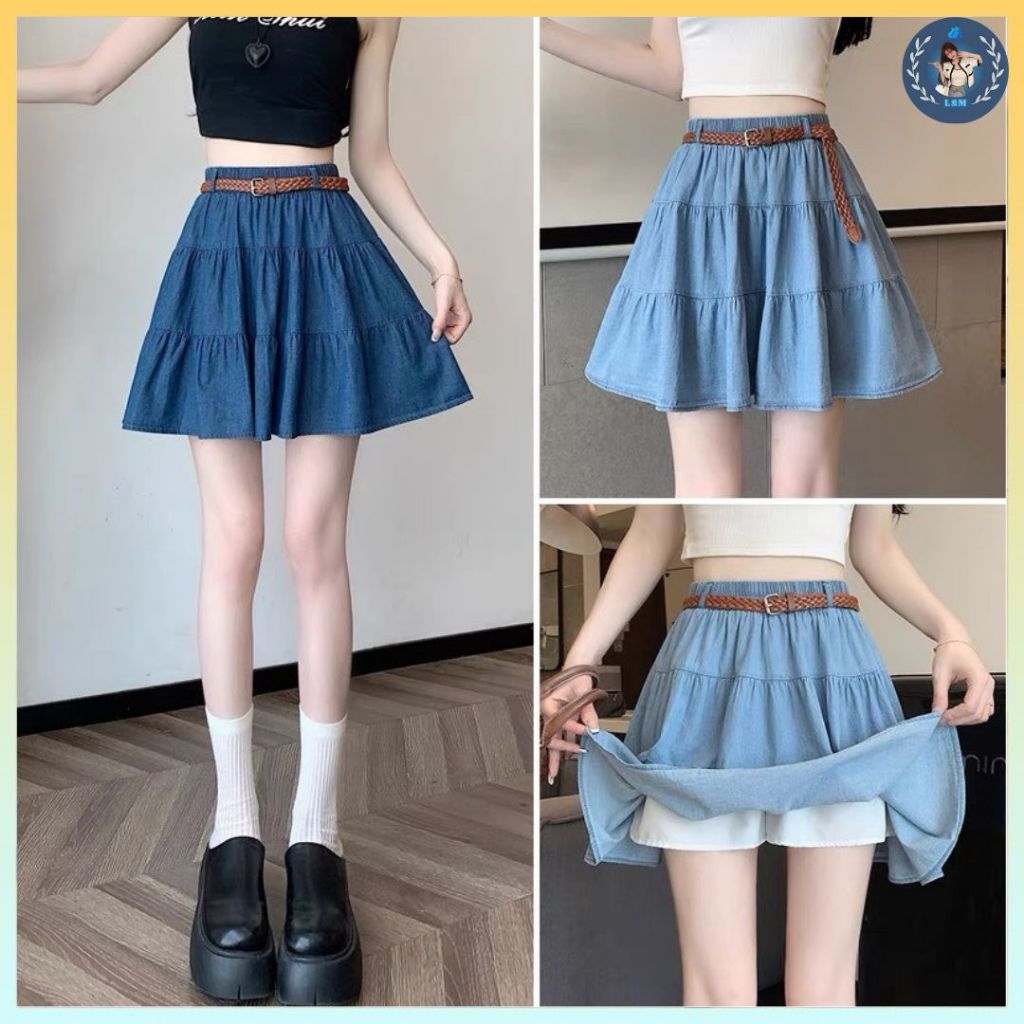 Q075 Chân váy xòe chữ A jeans lụa - L2M Quảng Châu