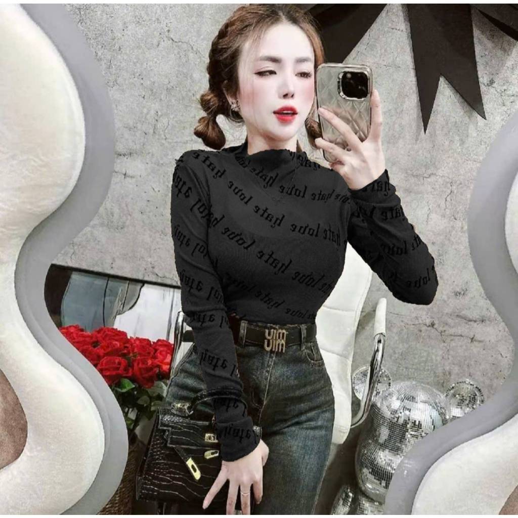[A414] Áo THUN NHŨ dạng LƯỚI kiểu nữ PHỐI CHỮ NGHIÊNG tặng kèm LÓT TRONG dáng ôm sang chảnh - L2M (New)