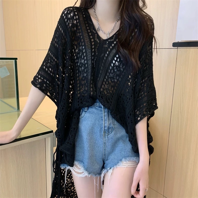 [A419] Áo LƯỚI len dệt kim CHOÀNG ĐUÔI CÁ TAY CÁNH DƠI phom rộng phối rút eo đi biển cá tính - L2M (New)