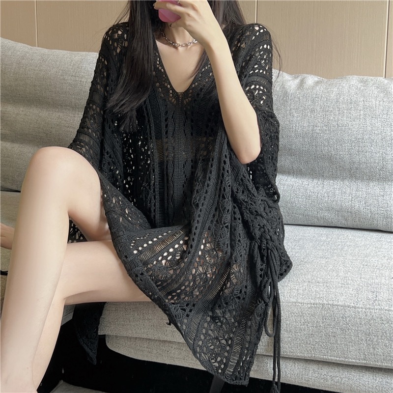 [A419] Áo LƯỚI len dệt kim CHOÀNG ĐUÔI CÁ TAY CÁNH DƠI phom rộng phối rút eo đi biển cá tính - L2M (New)