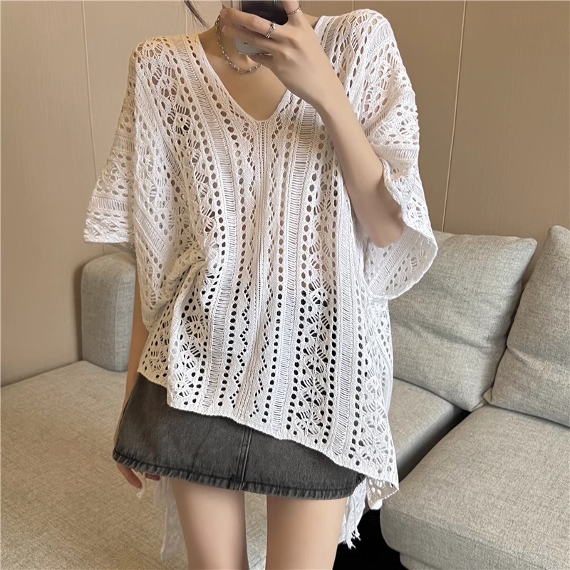 [A419] Áo LƯỚI len dệt kim CHOÀNG ĐUÔI CÁ TAY CÁNH DƠI phom rộng phối rút eo đi biển cá tính - L2M (New)