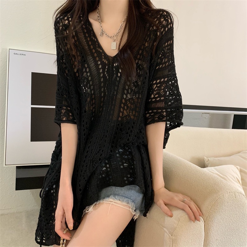 [A419] Áo LƯỚI len dệt kim CHOÀNG ĐUÔI CÁ TAY CÁNH DƠI phom rộng phối rút eo đi biển cá tính - L2M (New)