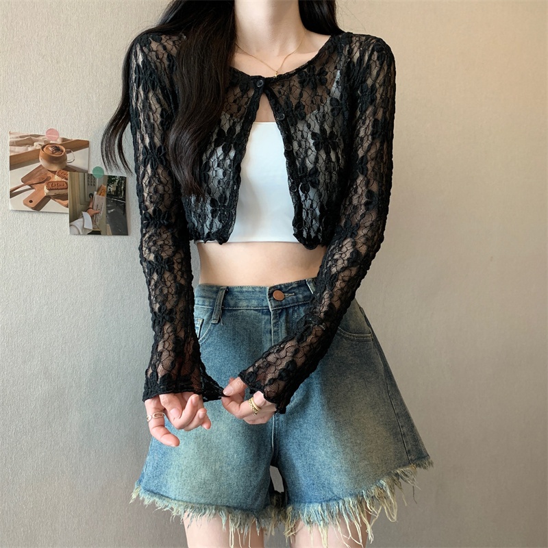 [A420] Áo khoác nữ mỏng nhẹ REN HÌNH HOA CROPTOP phối NÚT mềm mại ôm dáng xinh xắn - L2M (New)