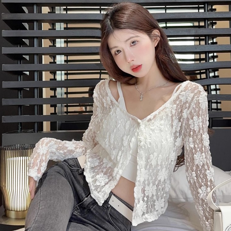 [A420] Áo khoác nữ mỏng nhẹ REN HÌNH HOA CROPTOP phối NÚT mềm mại ôm dáng xinh xắn - L2M (New)