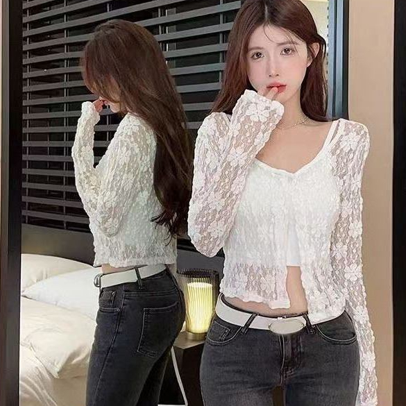 [A420] Áo khoác nữ mỏng nhẹ REN HÌNH HOA CROPTOP phối NÚT mềm mại ôm dáng xinh xắn - L2M (New)