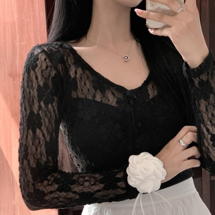 [A420] Áo khoác nữ mỏng nhẹ REN HÌNH HOA CROPTOP phối NÚT mềm mại ôm dáng xinh xắn - L2M (New)