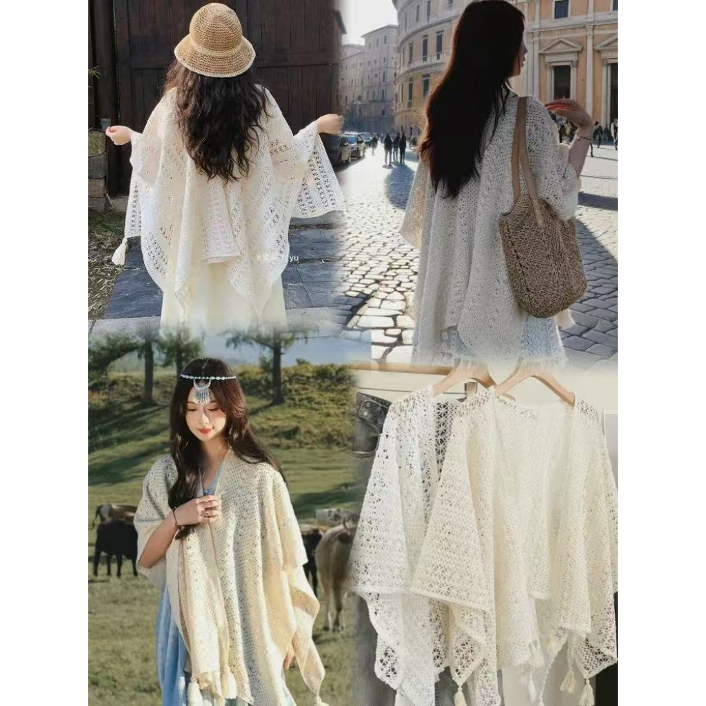 [A422] Áo LƯỚI len dệt kim CHOÀNG PHỐI TUA phom rộng mặc ngoài đi biển vintage dịu dàng - L2M
