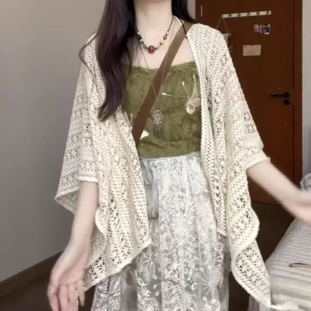 [A422] Áo LƯỚI len dệt kim CHOÀNG PHỐI TUA phom rộng mặc ngoài đi biển vintage dịu dàng - L2M