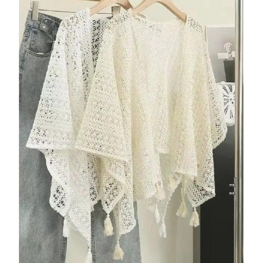 [A422] Áo LƯỚI len dệt kim CHOÀNG PHỐI TUA phom rộng mặc ngoài đi biển vintage dịu dàng - L2M