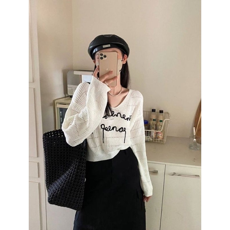 [A351] Áo len LƯỚI nữ Montoghi dệt kim CHỮ NỐI DÀI dáng CROPTOP Quảng Châu cực hot sang chảnh - L2M  (Hot)