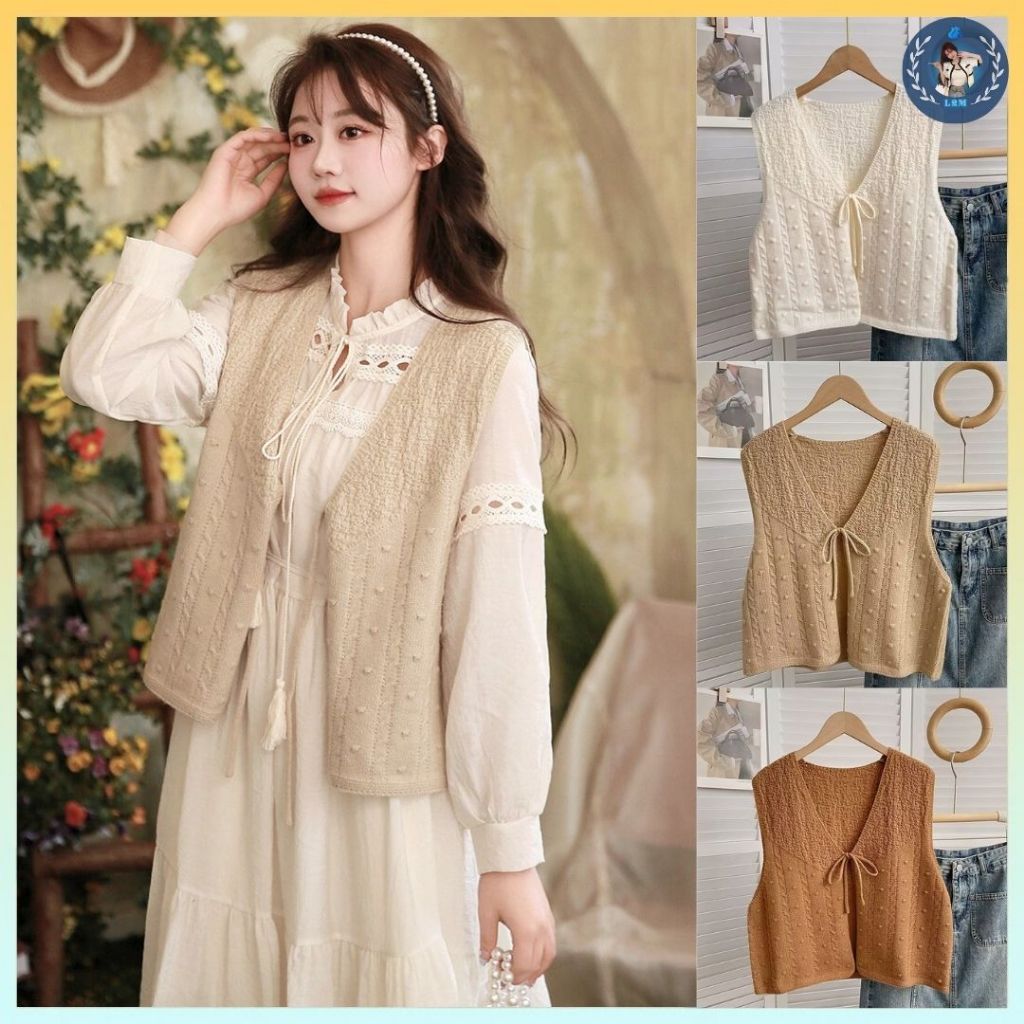 [A352] Áo len Montoghi dệt kim GILE PHỐI DÂY THẮT thiết kế 2 kiểu họa tiết phối nhau xinh xắn - L2M