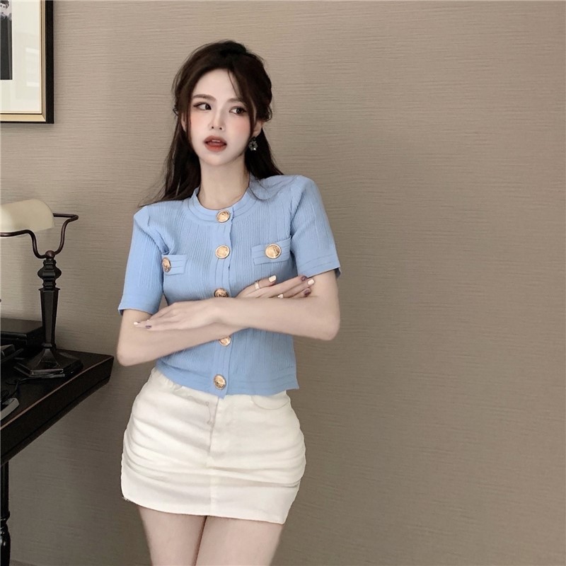 [A359] Áo KHOÁC len cardigan TAY NGẮN PHỐI NÚT ĐỒNG mặc 2 KIỂU hàng Quảng Châu sang trọng - L2M (Sale)