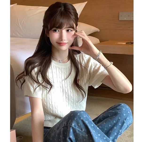[A374] Áo len nữ Montoghi dệt kim THÊU NƠ ĐỎ CỔ TRÒN họa tiết xoắn thừng màu trơn xinh xắn - L2M
