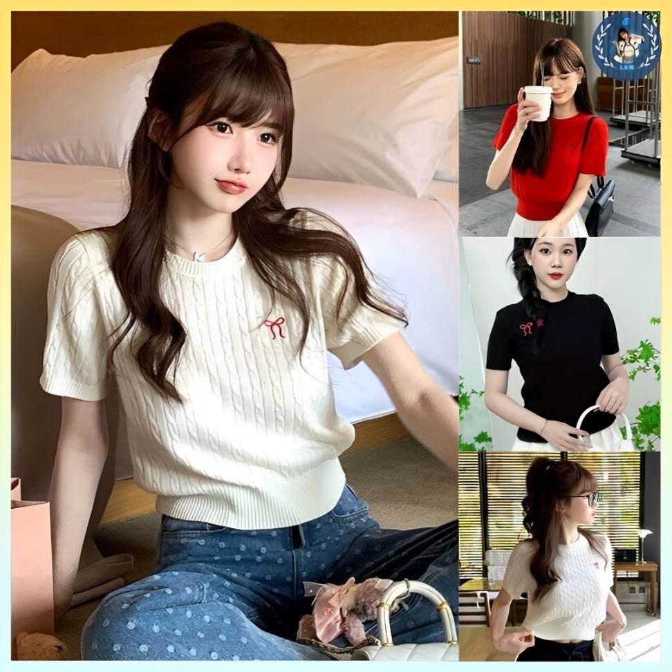 Áo len nữ Montoghi dệt kim THÊU NƠ ĐỎ CỔ TRÒN họa tiết xoắn thừng màu trơn xinh xắn - L2M