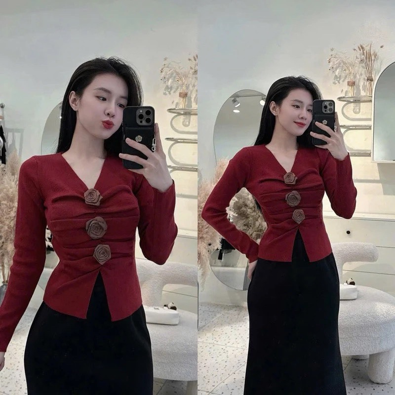 [A378] Áo len thun nữ Montoghi dệt kim HOA TRÀ NHÚN GIỮA tay dài kiểu xẻ tà sang trọng hot - L2M
