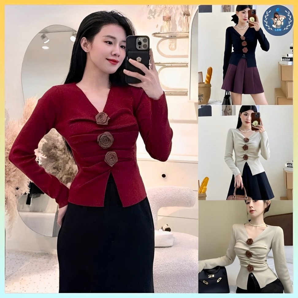 Áo len thun nữ Montoghi dệt kim HOA TRÀ NHÚN GIỮA tay dài kiểu xẻ tà sang trọng hot - L2M