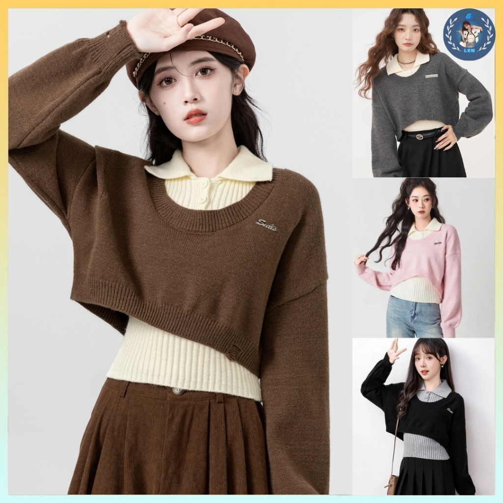 Set (2 MÓN) áo len dệt kim CROPTOP KÈM TAG và ÁO 3 LỖ có cổ tay dài phối rách siêu hot - L2M (Hot)