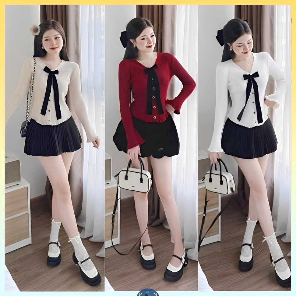 Áo len nữ Montoghi dệt kim NÚT HÌNH TIM CÀI NƠ NHUNG tay dài phối viền bèo sang trọng - L2M