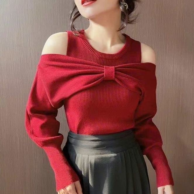 [A396] Set 2 ÁO len nữ Montoghi dệt kim 3 LỖ kèm NƠ BẸT VAI tay dài kiểu mới sang trọng - L2M  (New)