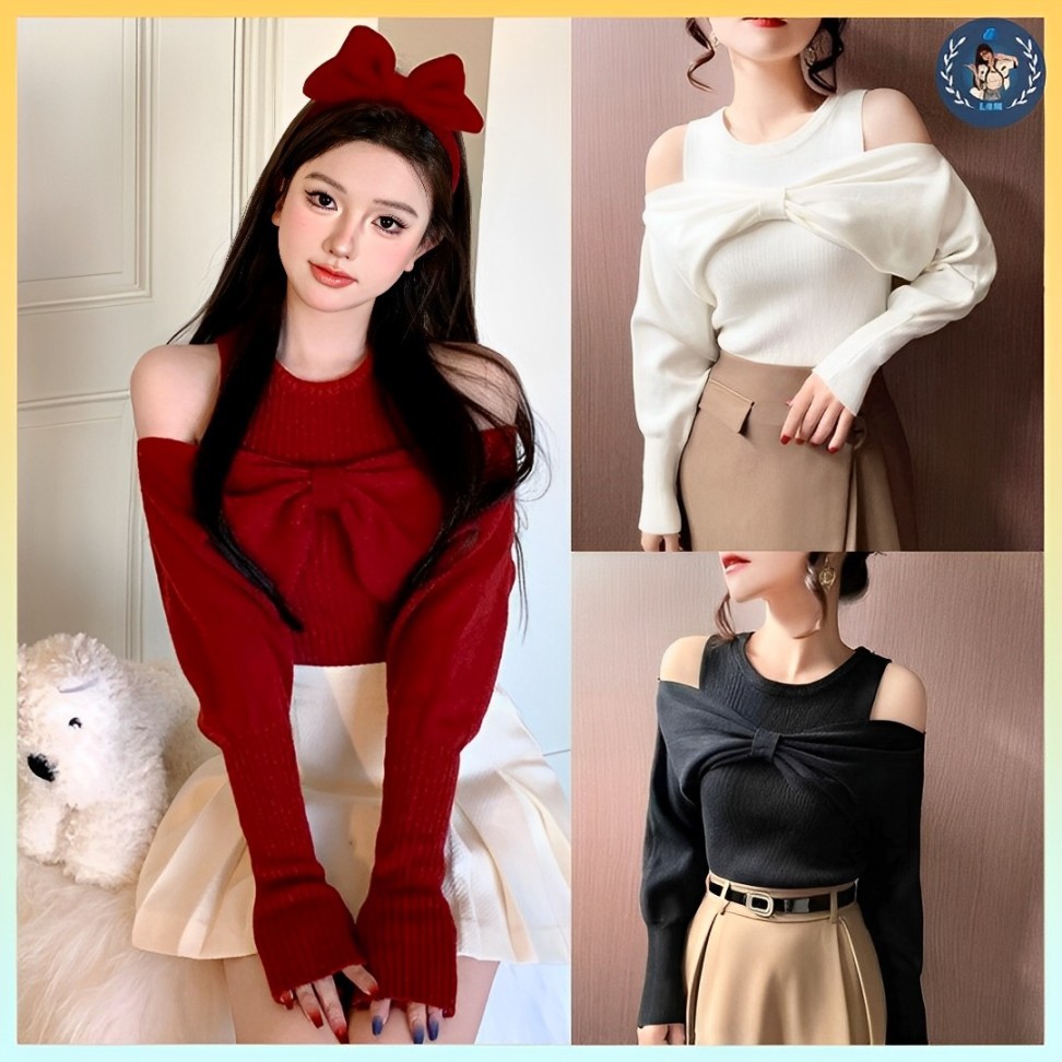 Set 2 ÁO len nữ Montoghi dệt kim 3 LỖ kèm NƠ BẸT VAI tay dài kiểu mới sang trọng - L2M