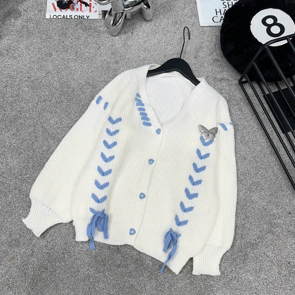 [A398] Áo khoác len nữ Cardigan PHỐI DÂY HÌNH TIM kèm TAG CÀI phom rộng vải dày dặn cực xịn - L2M  (New)