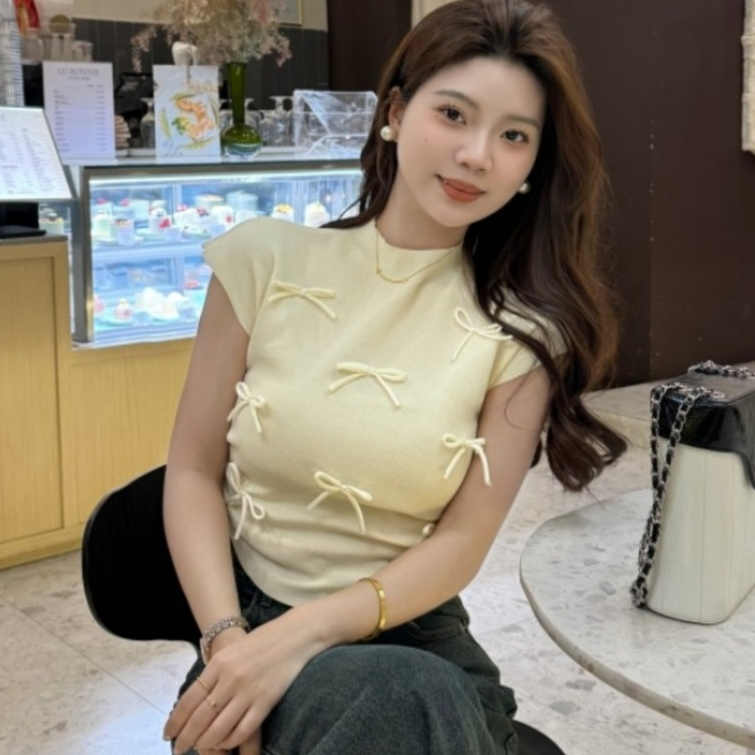 [A397] Áo len nữ Montoghi dệt kim PHỐI NƠ CÙNG MÀU kiểu RÚT EO vai hến xinh xắn siêu tôn dáng - L2M  (New)