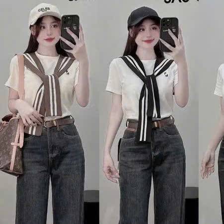 [A425] Áo thun kiểu nữ CỔ PHỐI KHĂN VIỀN LƯNG VUÔNG có logo mềm mịn co giãn 4 chiều loại 1 - L2M
