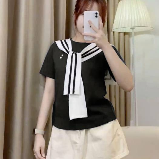 [A425] Áo thun kiểu nữ CỔ PHỐI KHĂN VIỀN LƯNG VUÔNG có logo mềm mịn co giãn 4 chiều loại 1 - L2M