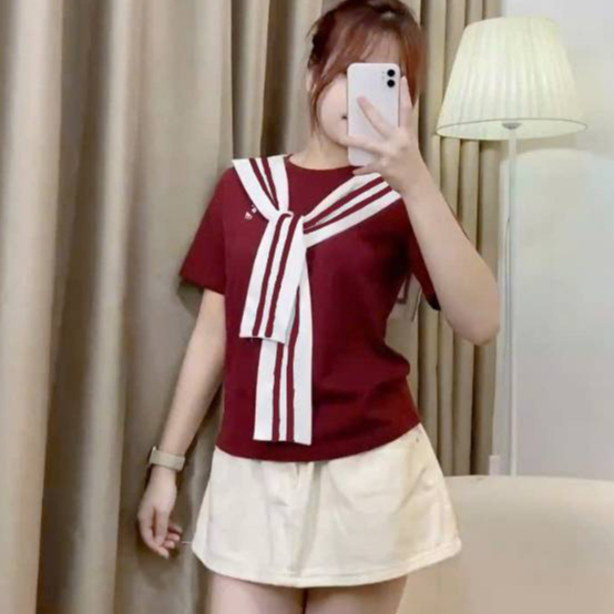 [A425] Áo thun kiểu nữ CỔ PHỐI KHĂN VIỀN LƯNG VUÔNG có logo mềm mịn co giãn 4 chiều loại 1 - L2M