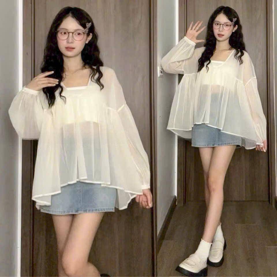 [A428] SET (2 MÓN) áo kiểu nữ BABYDOLL voan tơ MỎNG NHẸ tặng kèm lót trong xinh xắn - L2M (New)