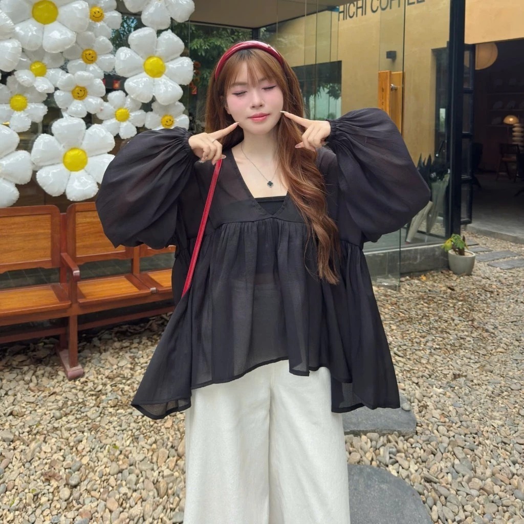 [A428] SET (2 MÓN) áo kiểu nữ BABYDOLL voan tơ MỎNG NHẸ tặng kèm lót trong xinh xắn - L2M (New)
