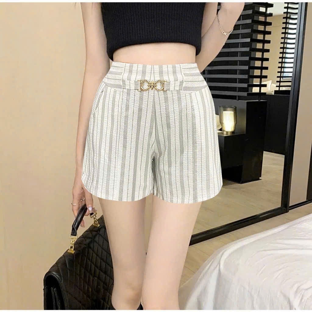 [Q086] Quần short nữ ĐŨI KẺ SỌC lưng thun phối KHOEN EO co giãn kiểu dáng năng động - L2M (New)