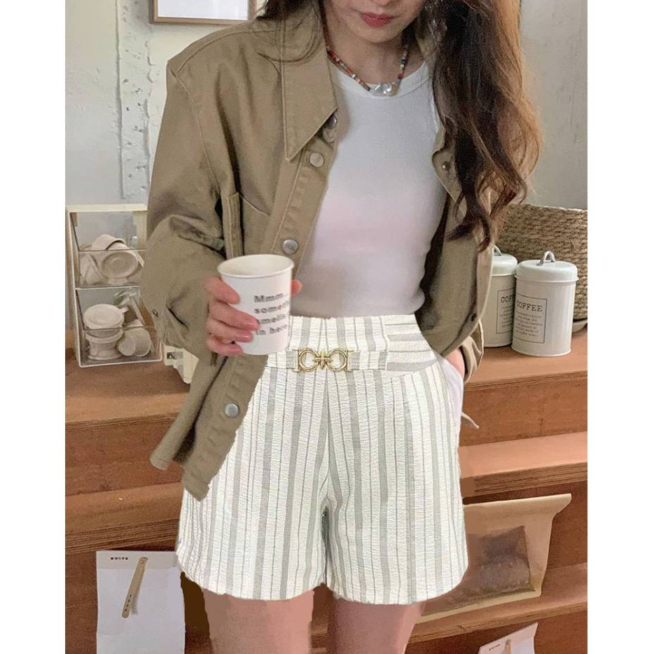 [Q086] Quần short nữ ĐŨI KẺ SỌC lưng thun phối KHOEN EO co giãn kiểu dáng năng động - L2M (New)