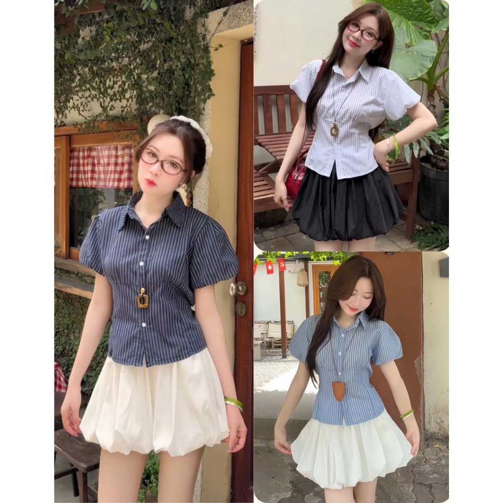 [A429] Áo sơ mi kiểu nữ KẺ SỌC CÓ DÂY CHIẾT EO tôn dáng phối tay bồng xinh xắn hot trend - L2M (New)