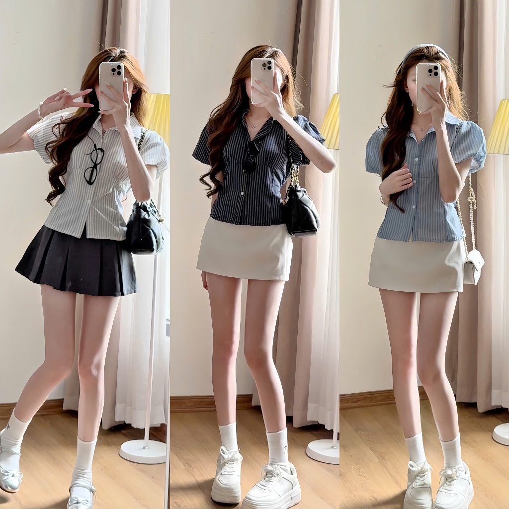 [A429] Áo sơ mi kiểu nữ KẺ SỌC CÓ DÂY CHIẾT EO tôn dáng phối tay bồng xinh xắn hot trend - L2M (New)