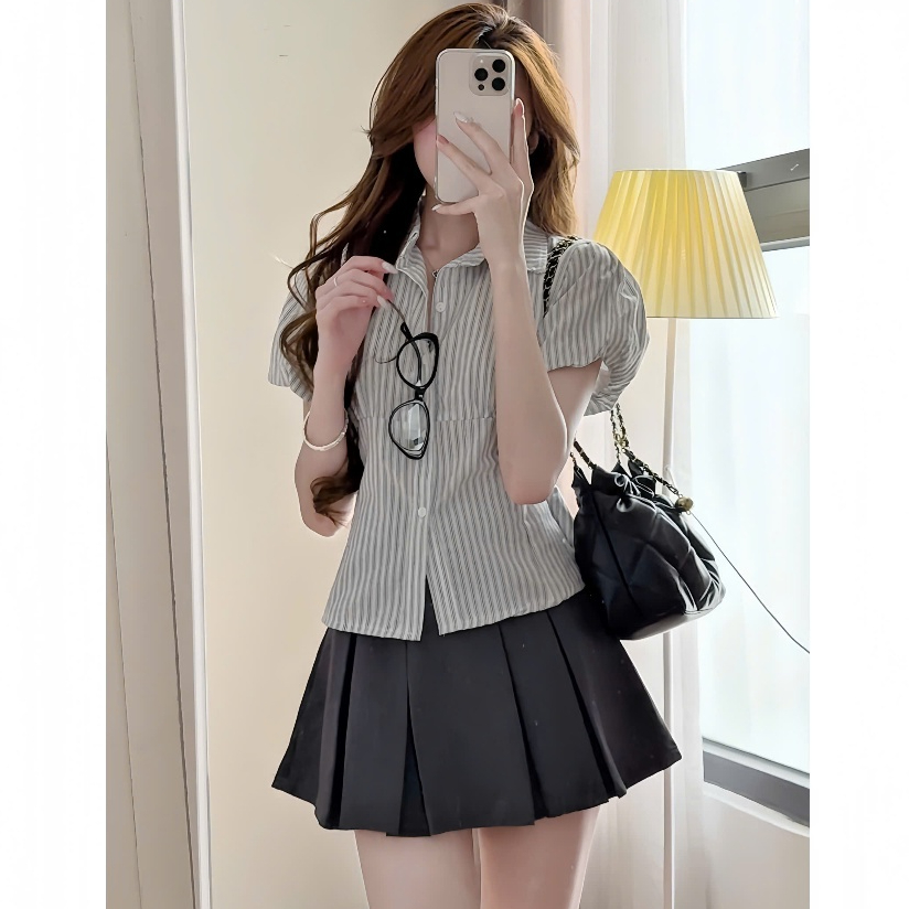 [A429] Áo sơ mi kiểu nữ KẺ SỌC CÓ DÂY CHIẾT EO tôn dáng phối tay bồng xinh xắn hot trend - L2M (New)
