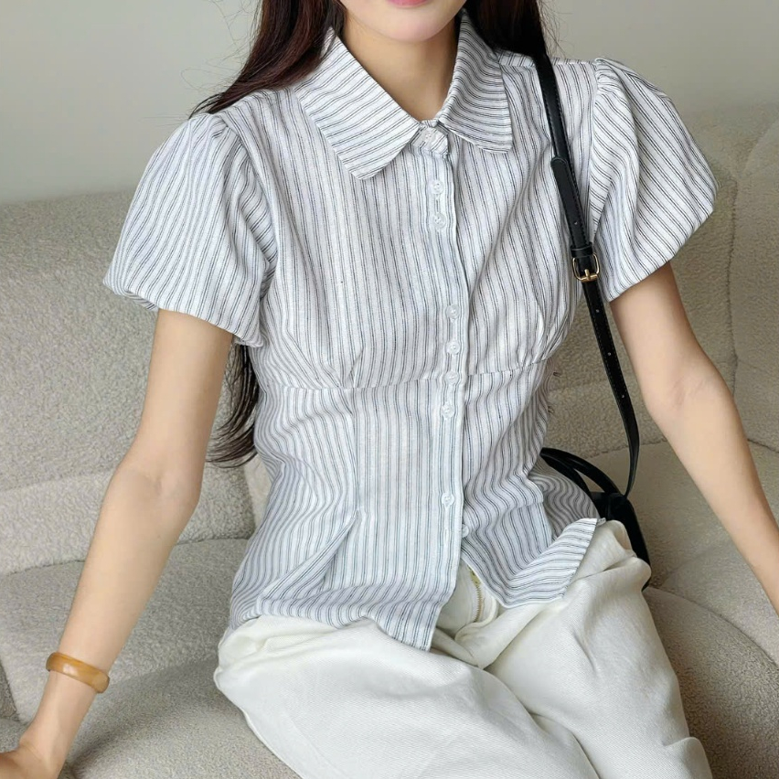 [A429] Áo sơ mi kiểu nữ KẺ SỌC CÓ DÂY CHIẾT EO tôn dáng phối tay bồng xinh xắn hot trend - L2M (New)