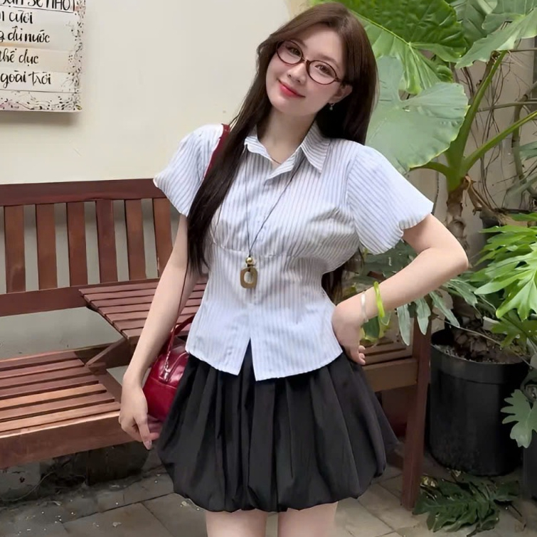 [A429] Áo sơ mi kiểu nữ KẺ SỌC CÓ DÂY CHIẾT EO tôn dáng phối tay bồng xinh xắn hot trend - L2M (New)