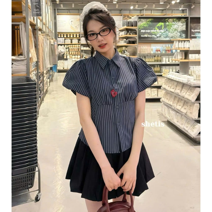 [A429] Áo sơ mi kiểu nữ KẺ SỌC CÓ DÂY CHIẾT EO tôn dáng phối tay bồng xinh xắn hot trend - L2M (New)