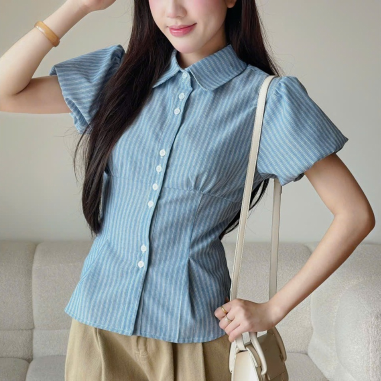 [A429] Áo sơ mi kiểu nữ KẺ SỌC CÓ DÂY CHIẾT EO tôn dáng phối tay bồng xinh xắn hot trend - L2M (New)