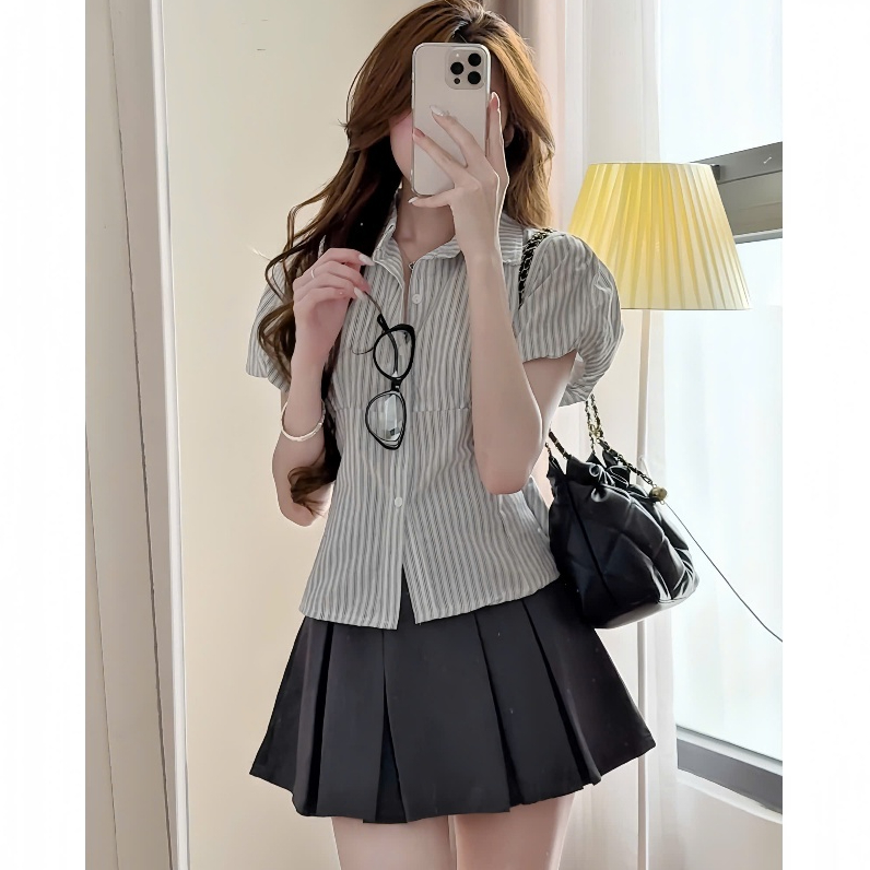 [A429] Áo sơ mi kiểu nữ KẺ SỌC CÓ DÂY CHIẾT EO tôn dáng phối tay bồng xinh xắn hot trend - L2M (New)