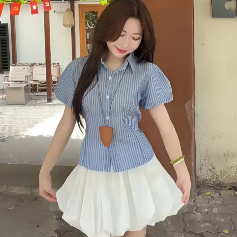 [A429] Áo sơ mi kiểu nữ KẺ SỌC CÓ DÂY CHIẾT EO tôn dáng phối tay bồng xinh xắn hot trend - L2M (New)