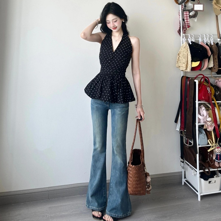 [A430] Áo kiểu nữ CỔ YẾM CHẤM BI có mút vạt xòe phối lưng chun tôn dáng xinh xắn hot trend - L2M (New)