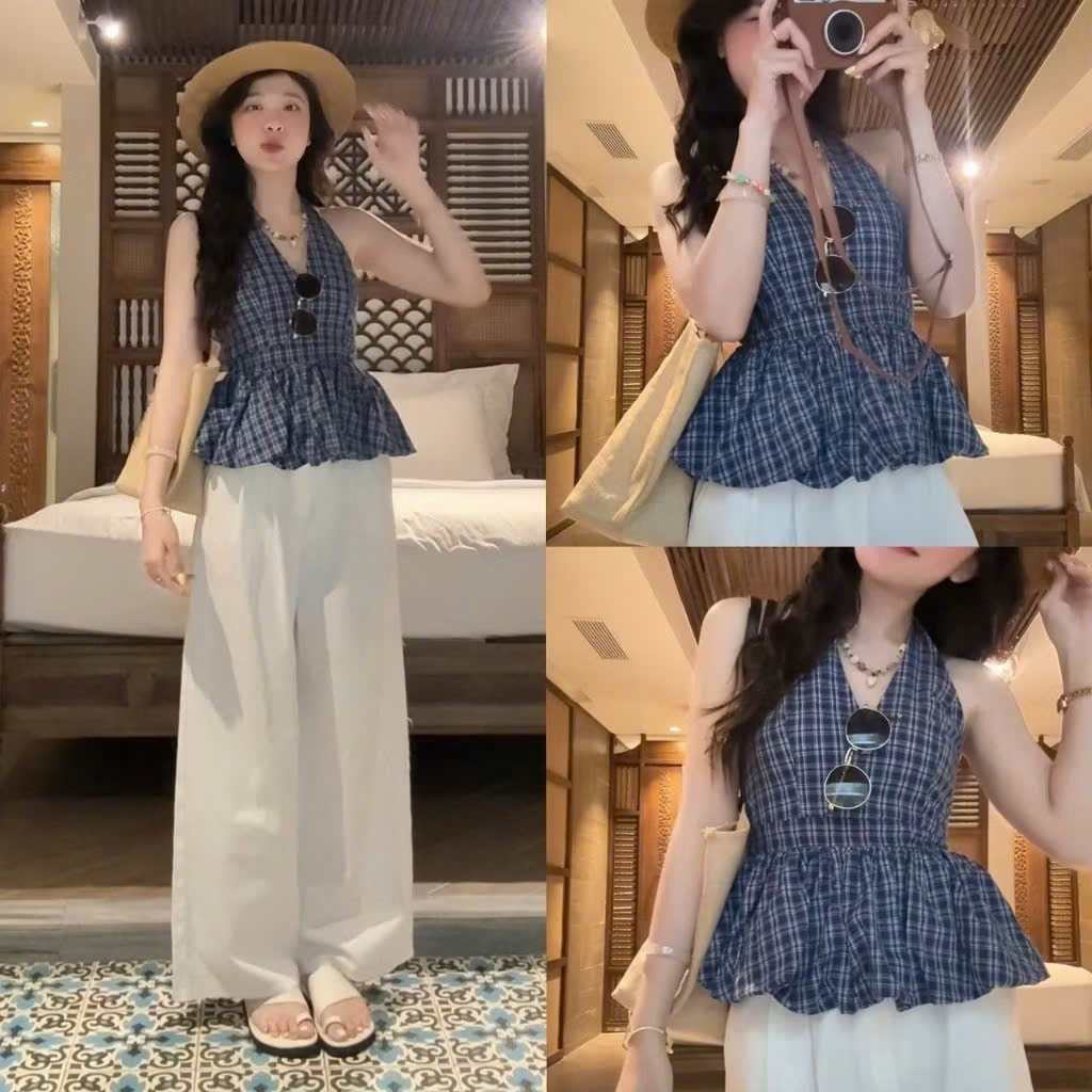 [A432] Áo kiểu nữ CỔ YẾM KẺ CARO có mút vạt xòe phối lưng chun tôn dáng xinh xắn hot trend - L2M (New)