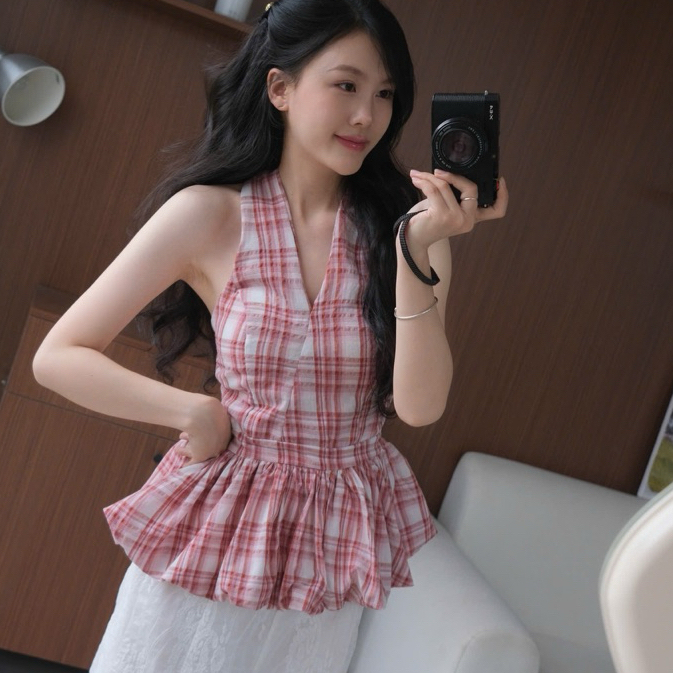 [A432] Áo kiểu nữ CỔ YẾM KẺ CARO có mút vạt xòe phối lưng chun tôn dáng xinh xắn hot trend - L2M (New)