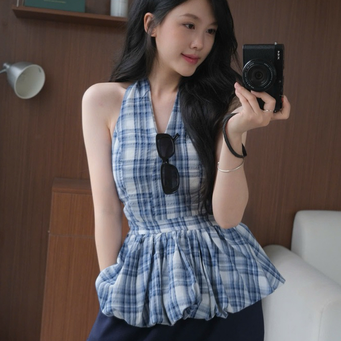 [A432] Áo kiểu nữ CỔ YẾM KẺ CARO có mút vạt xòe phối lưng chun tôn dáng xinh xắn hot trend - L2M (New)