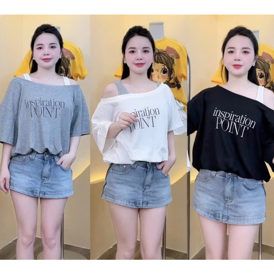 [A435] SET 2 ÁO NHÚM EO NỬA TRƯỚC thun cổ tròn phối chữ POINT dáng croptop trễ vai siêu xinh - L2M (New)