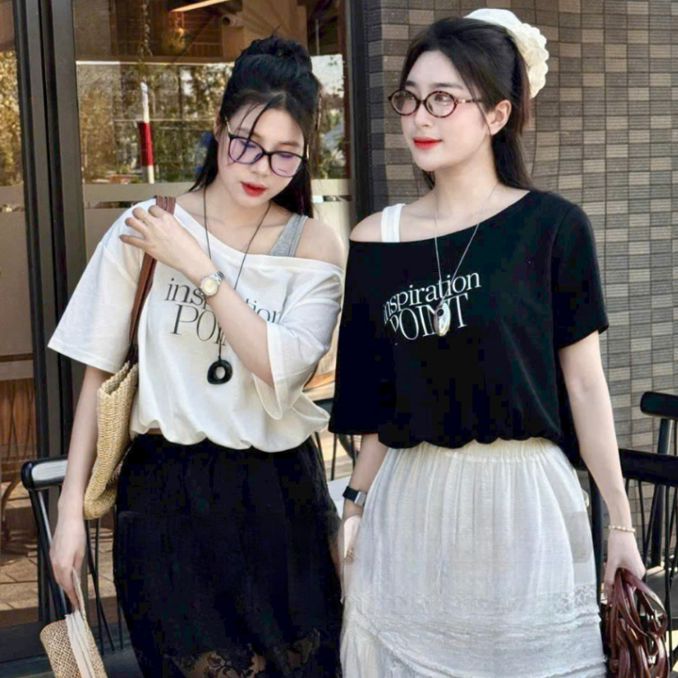 [A435] SET 2 ÁO NHÚM EO NỬA TRƯỚC thun cổ tròn phối chữ POINT dáng croptop trễ vai siêu xinh - L2M (New)